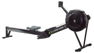 Side view of a black Concept 2 rowing machine