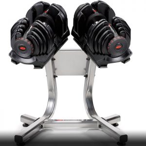 a set of the SelectTech 1090 dumbbells on the rack